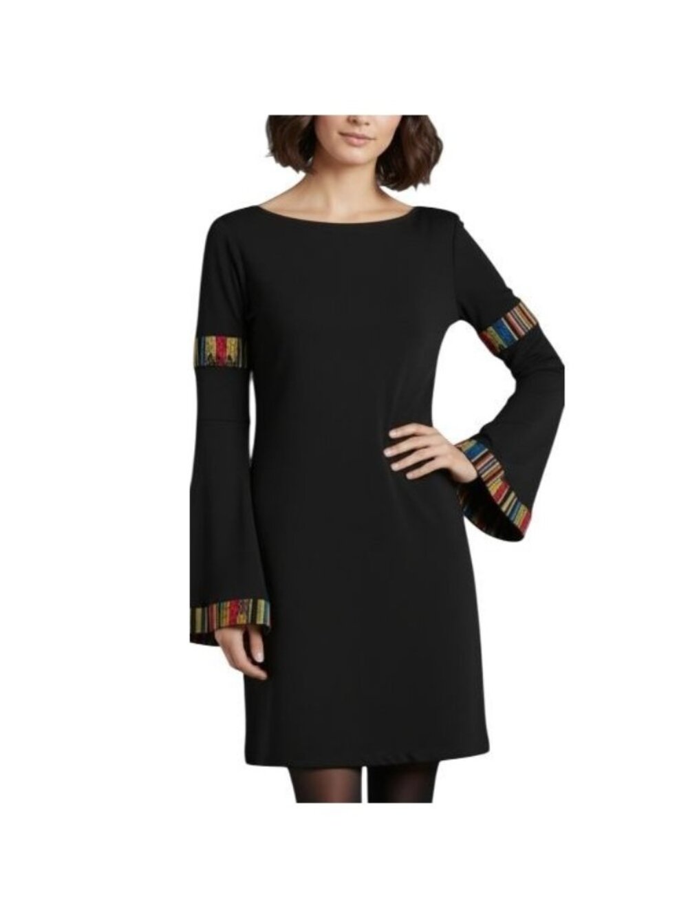 Abi Ferrin ROSALIE Women's Bodycon Black Dress Bell Sleeves Boho Trim Size XS